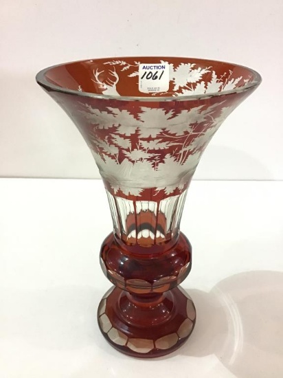 Red Etched Clear Vase w/ Deer Design