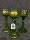 Lot of 3 Green Moser Glass Stemware Goblets