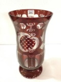 Red Glass Etched Vase w/ Castle & Deer Design-