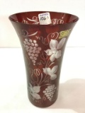 Red Clear Etched Grape & Floral Design Vase