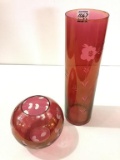 Lot of 2 Cranberry Etched Pieces Including