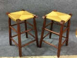 Lot of 2 Wood Stools w/ Rattan Seats