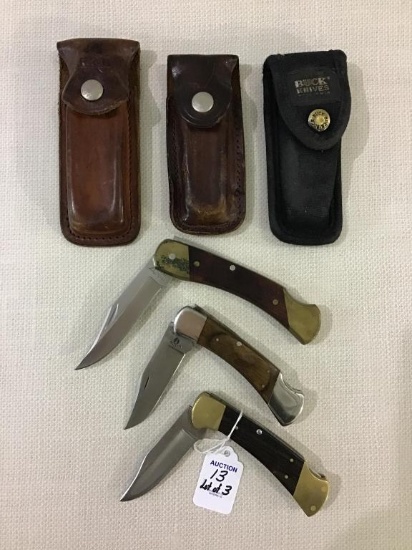 Lot of 3 Folding Knives w/ Knife Holsters