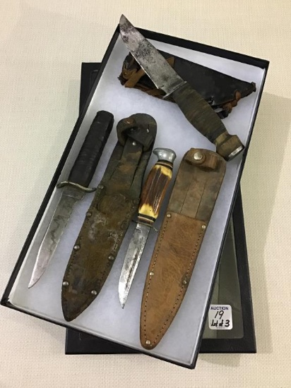 Lot of 3 Various Hunting Knives w/ Sheaths