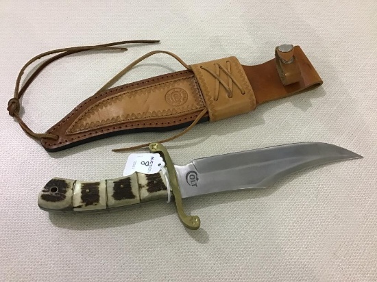 Lg. Colt Hunting Knife w/ Bone Handle & Leather