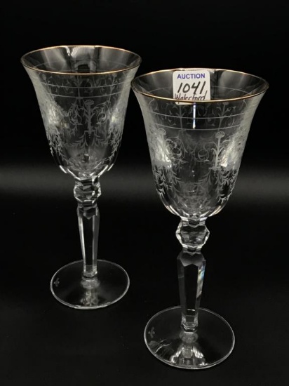 Matched Pair of Waterford Crystal Etched Stemware