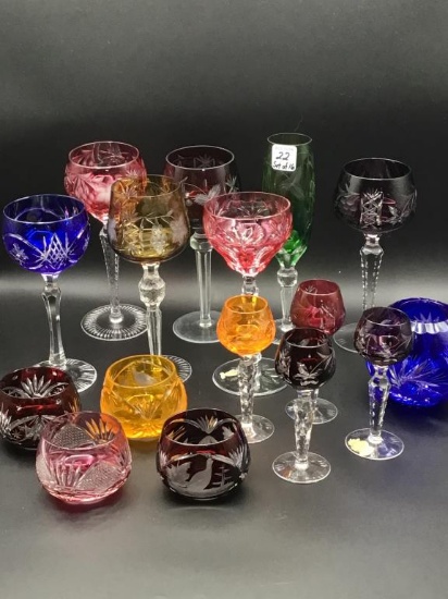 Set of 16 Various Color Cut to Clear Stemware-