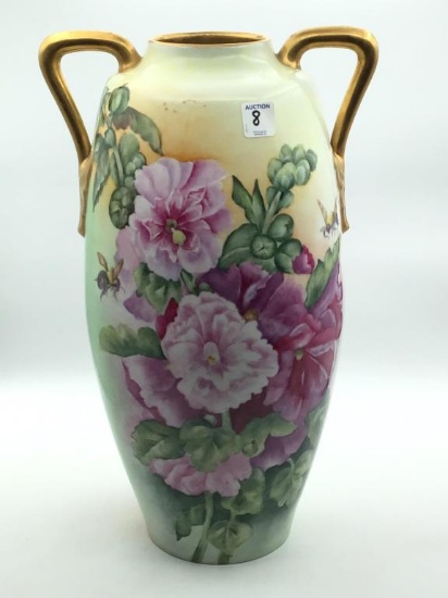 Beautiful Lg. Floral Painted Dbl Handled Vase-