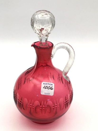 Lg. Cranberry Cruet w/ Clear Handle & Stopper