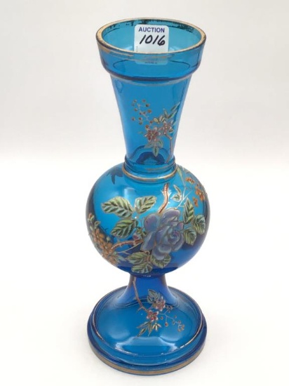 Floral Enamel Painted Blue Victorian Glass Vase