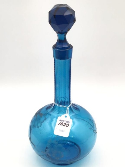Blue Glass Floral Design Decanter w/ Stopper