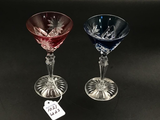 Lot of 2 Cut Glass Pedestal Liquors-Blue Cut to