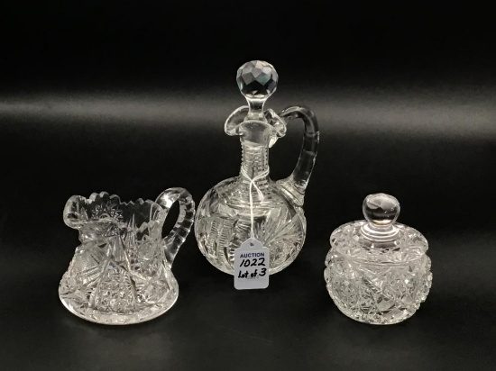 Lot of 3 Cut Glass Pieces Including Vinegar