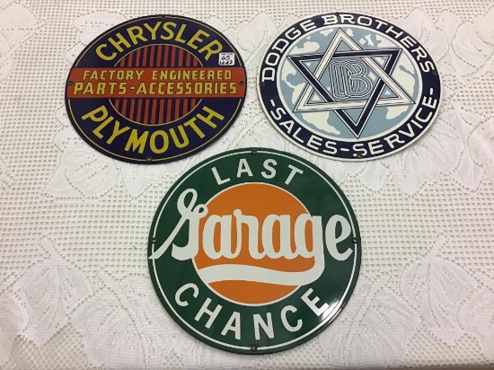 Lot of 3 Sm. Round Contemp. Porcelain Signs