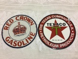Lot of 2 Sm. Round Contemp. Porcelain Signs