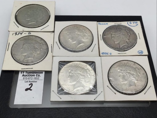 Collection of 6 Silver Peace Dollars