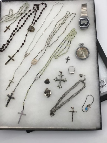 Collection of Religious Rosaries, Sterling Silver
