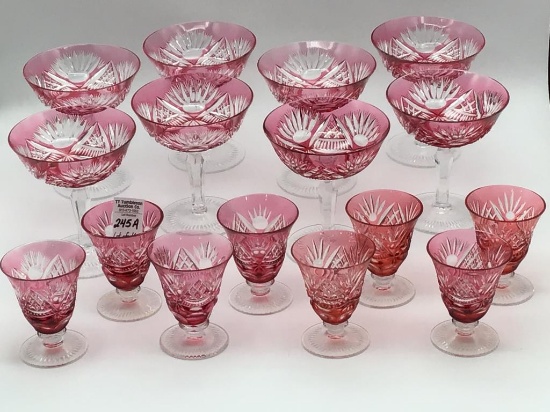 Lot of 16 Cranberry Cut to Clear Stemware Includig