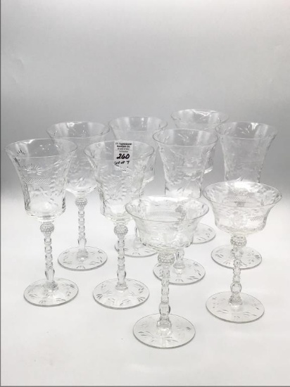 Lot of 9 Ornate Etched Stemware Pieces