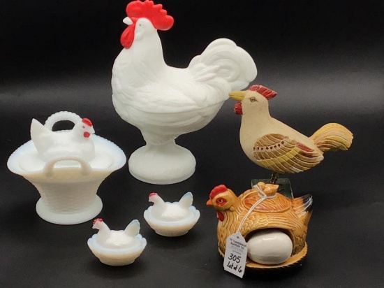 Lot of 6 Various Chickens Including 4-Milkglass