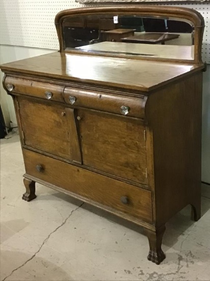 Antique Claw Foot Side Board Cabinet w/ Mirror