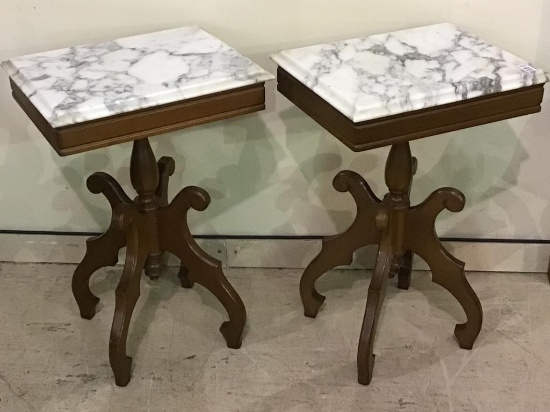 Pair of Matching Wood Pedestal Marble Top Tables
