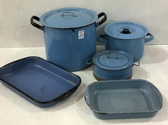 Group of Blue Enamelware Pots & Pans