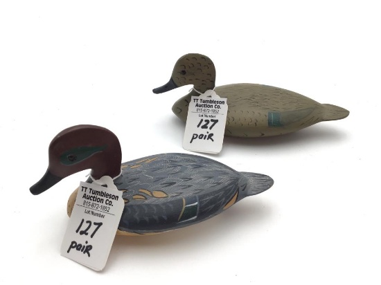 Pair of Miniature Blue Wing Teal Decoys by Bush