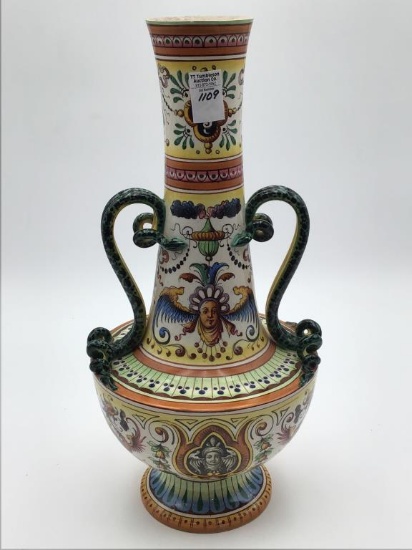 Lg. Decorated Dbl Handled Pottery Vase (18 Inches