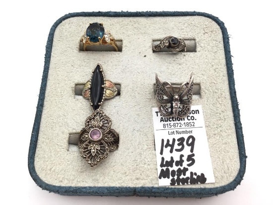 Lot of 5 Mostly Sterling Silver Rings Including
