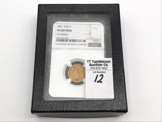 Graded 1861-S 2.5 Dollar Liberty Head Quarter