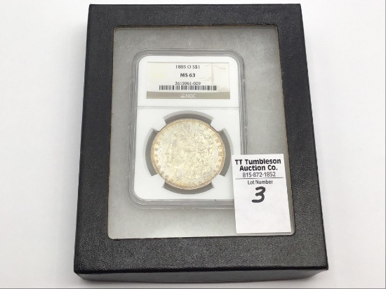 Graded 1885O MS63 Morgan Silver Dollar by NGC
