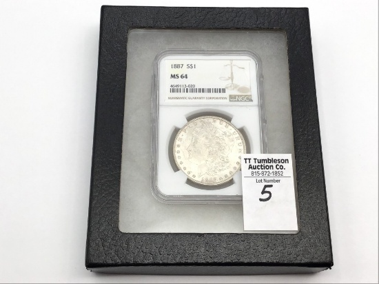 Graded 1887 MS64 Morgan Silver Dollar by NGC