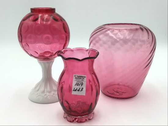 Lot of 3 Cranberry Glass Vases Including