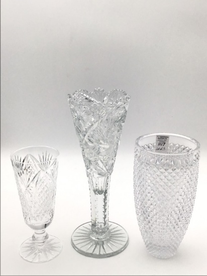 Lot of 3 Including Cut Vase 12 In Tall Vase,