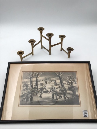 Rare Framed 1936 Litho Skating on the Pond by