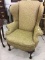 Lg. Gold Upholstered Wing Back Chair w Wood