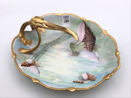 Hand Painted Serving  Dish w/ Elegant Gold Handle