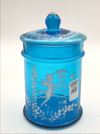 Blue Glass Covered Jar w/ Cupid Mary Gregory Type