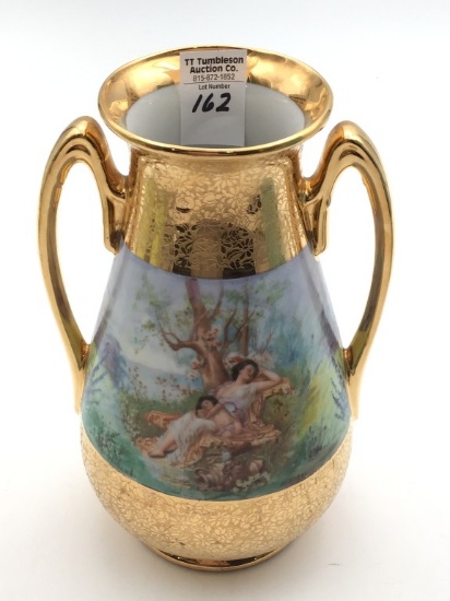 Victorian Painted Dbl Handled Vase w Hand Painted