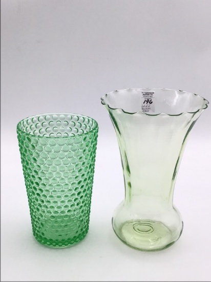 Lot of 2 Green Vaseline Glass Vases Including