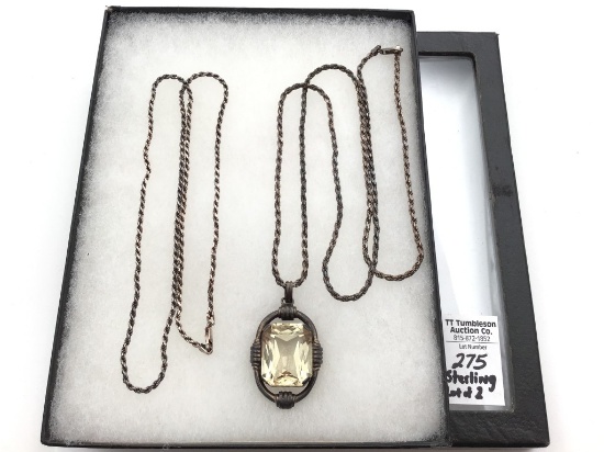 Lot of 2 Sterling Silver Chains-One w/ Clear Stone