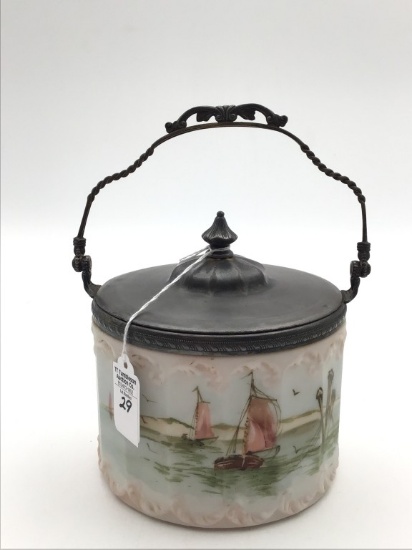 Antique Biscuit Jar w/ Sailboat Painted Design