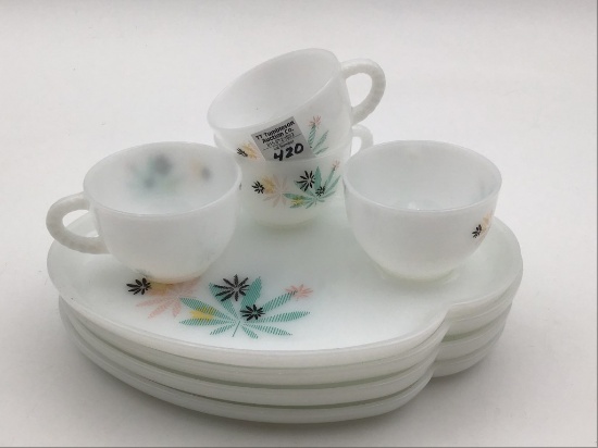 Set of Four Federal Milk Glass Plates & Cup Sets
