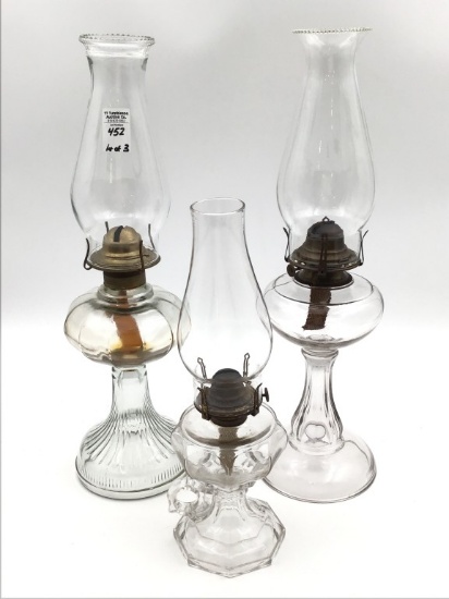 Lot of 3 Glass Kerosene Lamps w/ Chimneys