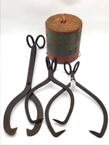 Lot of 3 Lg, Ice or Log Tongs & Roll of Natural