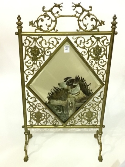 Brass Fire Screen w/ Hand Painted Dog on