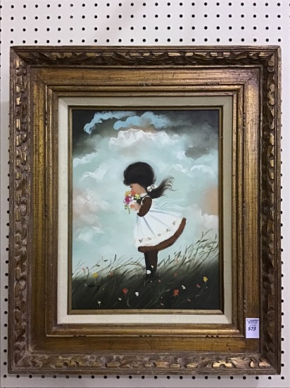 Framed Painting of Girl w/ Flowers Signed