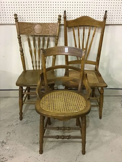 Lot of 3 Antique Wood Spindle Back & Cane Seat