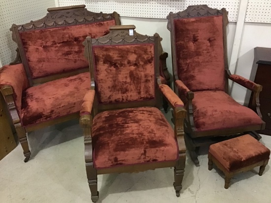 4 Piece Victorian Red Upholstered Set Including